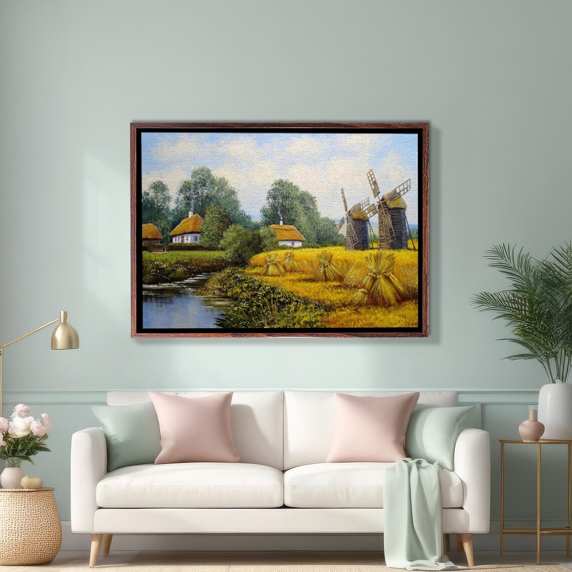 Ukrainian Village With Windmills Golden Wheat Field River Poster
