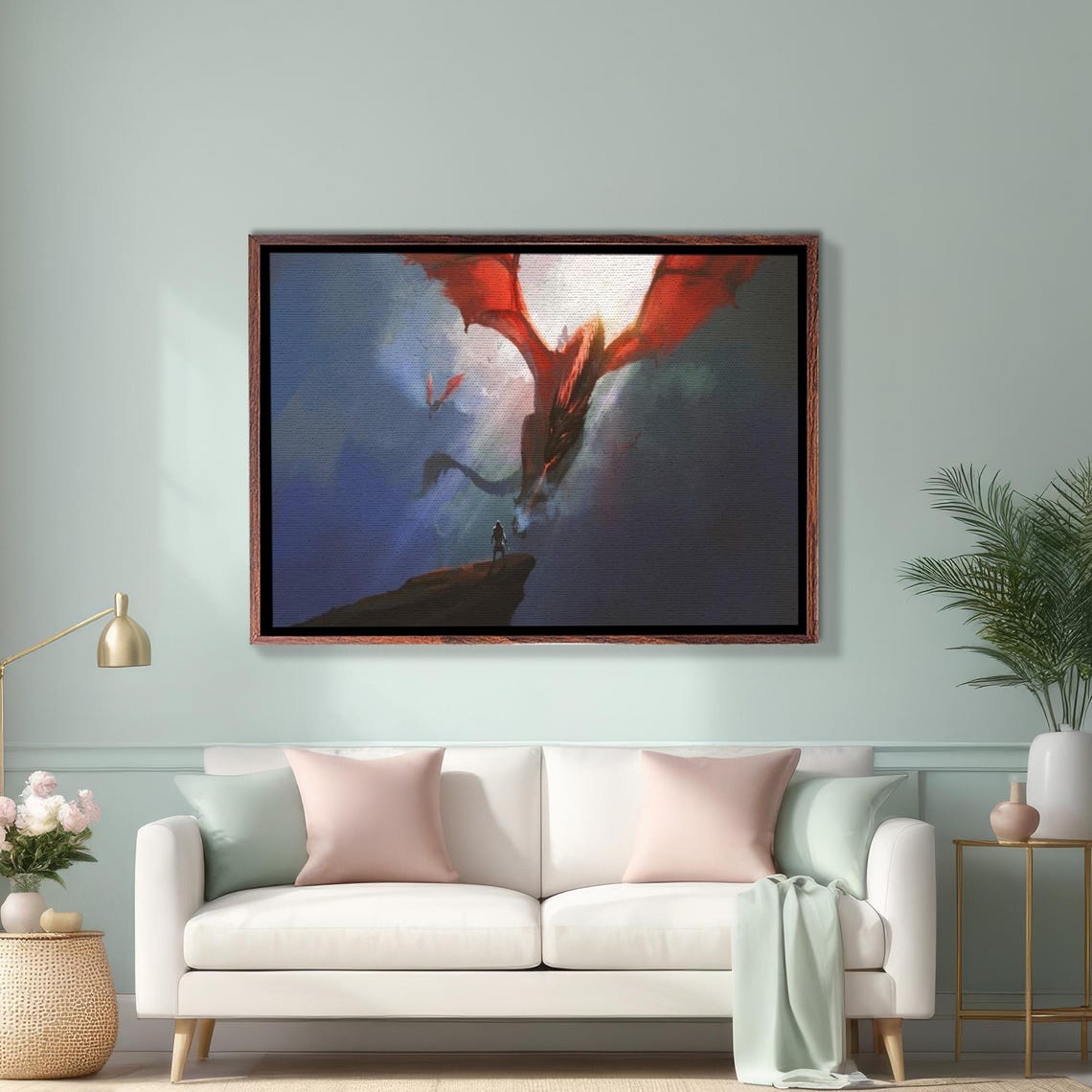 Mighty Red Dragon Soaring Over A Lone Warrior On A Cliff Poster