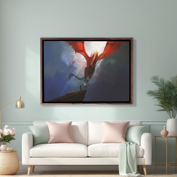 Warrior On The Dragons Brow Painting Surreal Modern Wall Decor Surreal Print Housewarming Gift Framed Wall Art