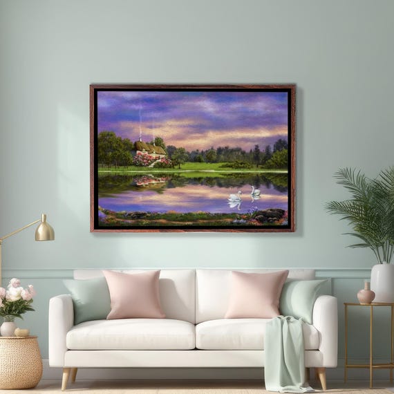 Lakeside Forest House Landscape Oil Painting Look Decorative Wall Art Nature Art Nature Print Nature Decor