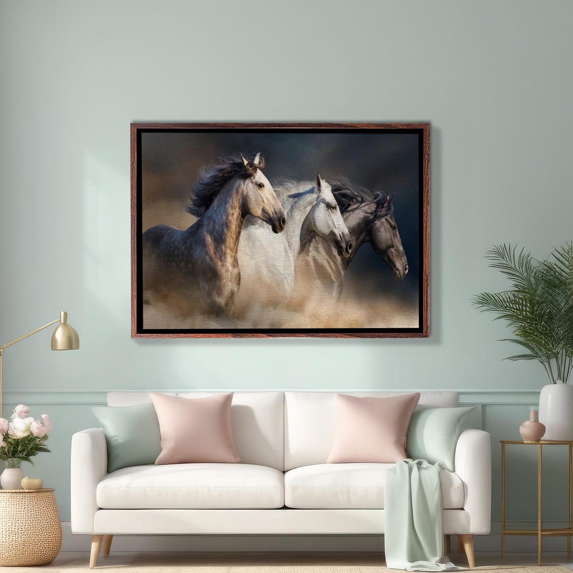 Three Galloping Horses In Dust Wild Herd Painting Canvas Wall Art