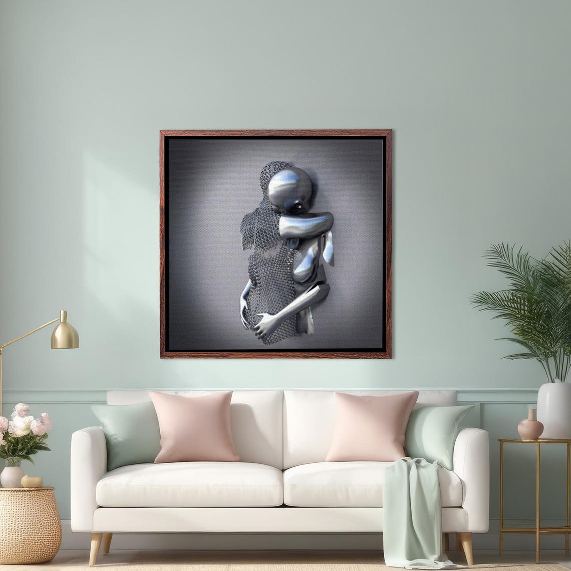 Silver 3D Metallic Effect Embracing Couple Modern Love Art Poster