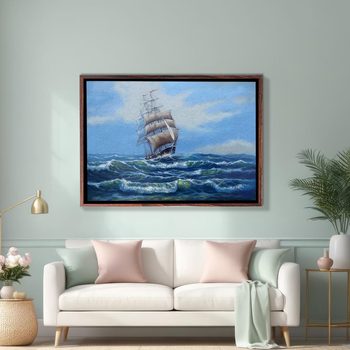 Tall Ship With Full Sails Riding Deep Blue Ocean Waves Poster