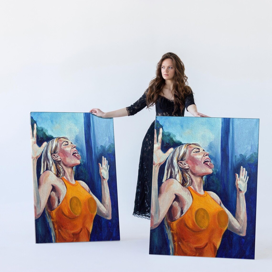 Joyful Blonde Woman Bright Orange Top Expressive Modern Art Poster - Image 5