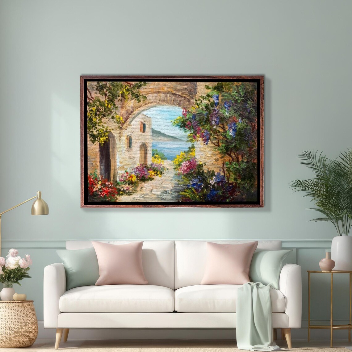 Flowering Stone Archway Overlooking the Mediterranean Sea Poster