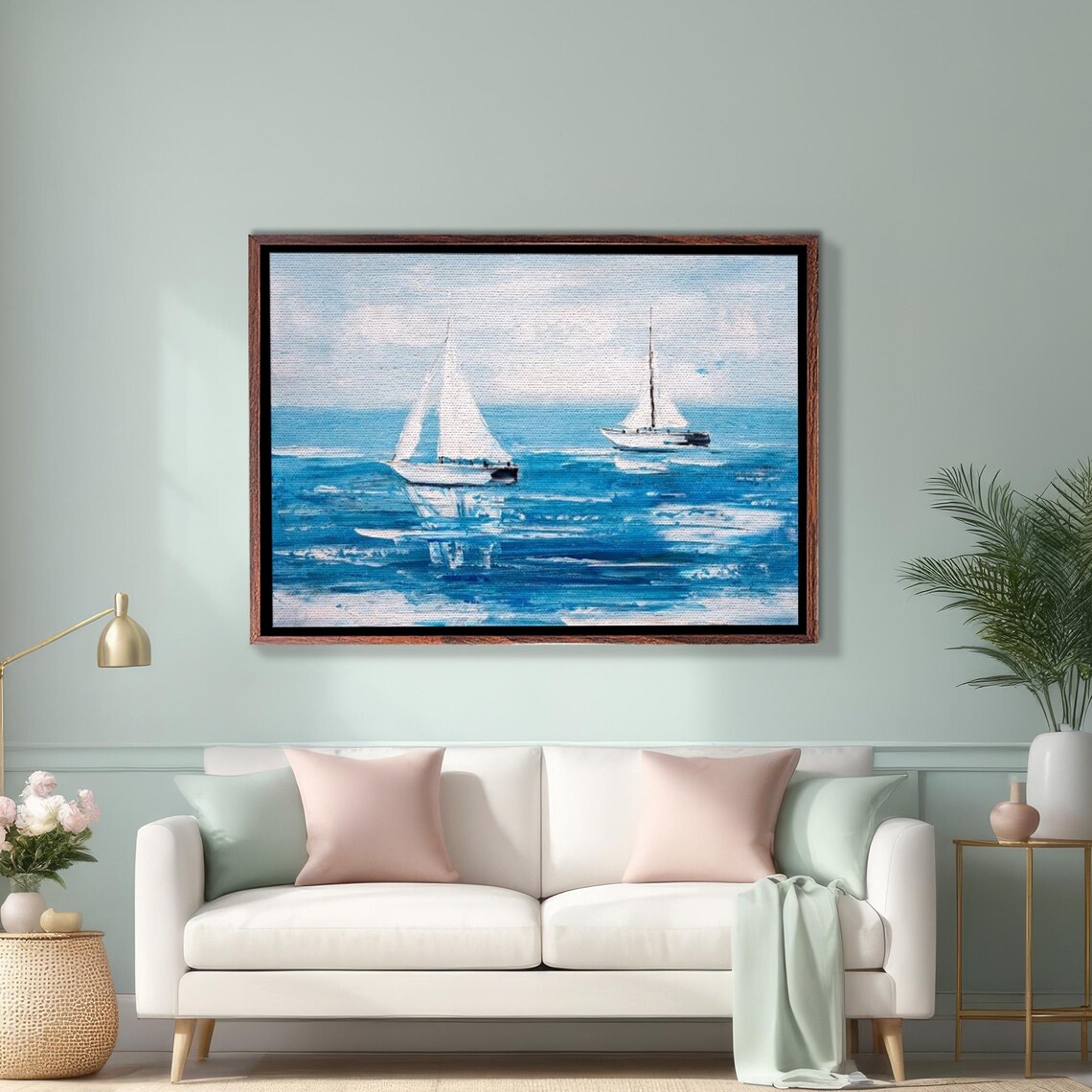 Two White Sailboats On The Blue Sea Impressionist Art Poster