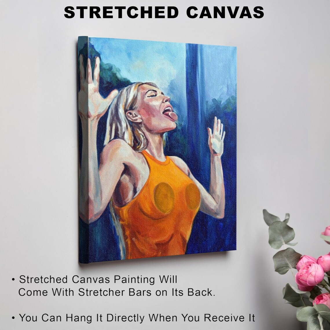 Joyful Blonde Woman Bright Orange Top Expressive Modern Art Poster - Image 3