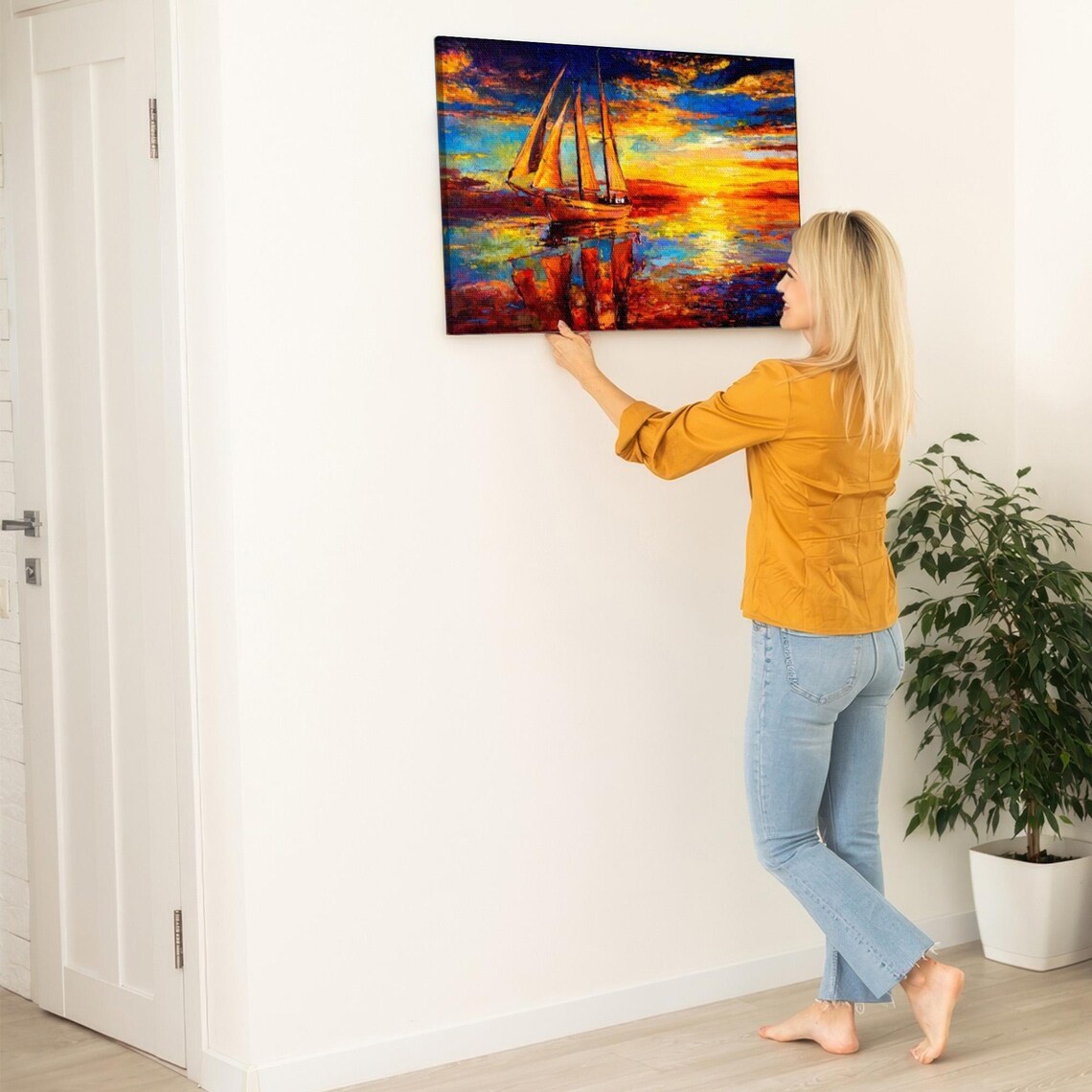 Lone Sailboat Sailing At A Fiery Orange Sunset On The Sea Poster - Image 5