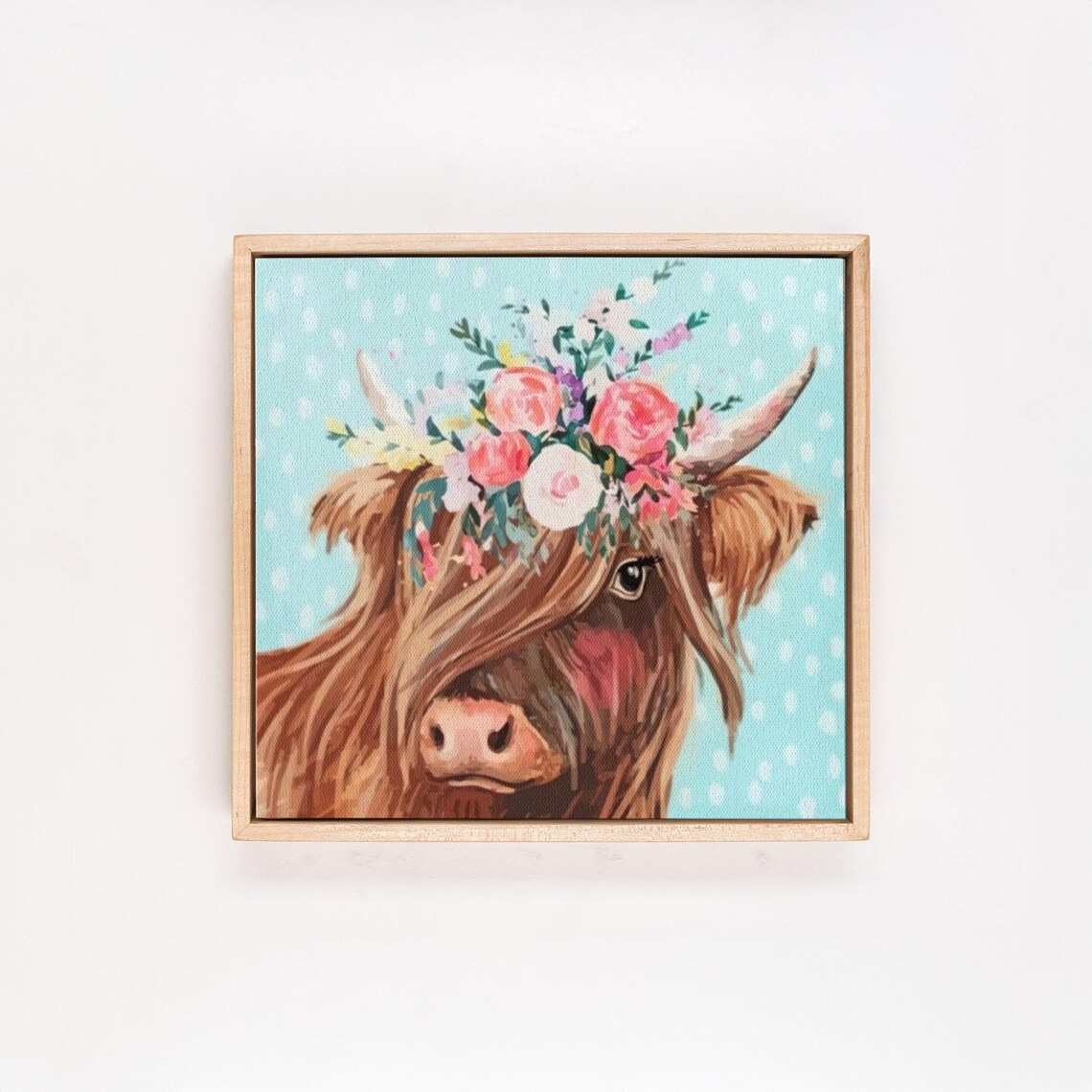 Highland Cow With Pink Flower Crown On Teal Background Poster - Image 4