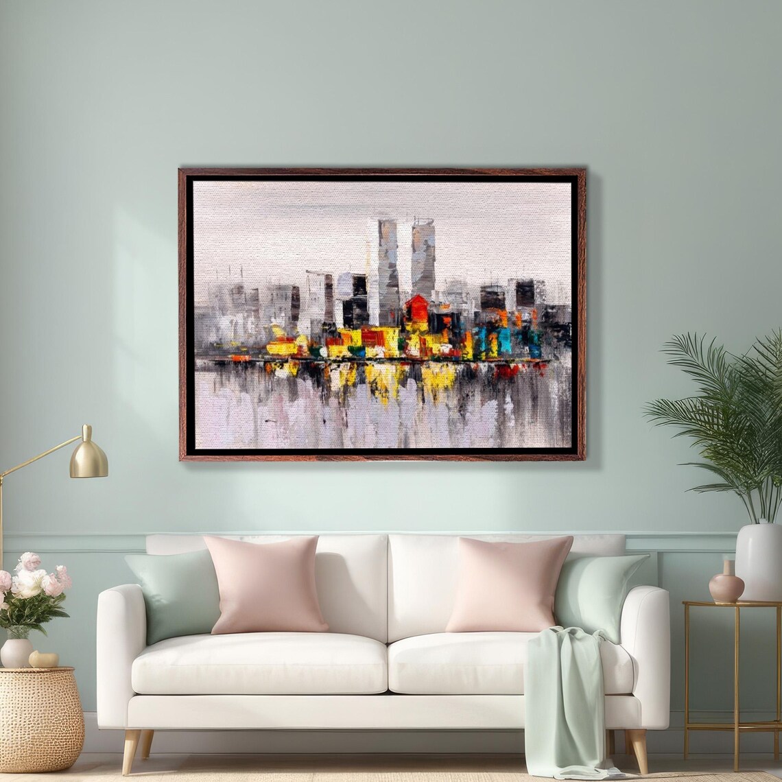 Abstract Colorful City Skyline With Water Reflection Painting Poster