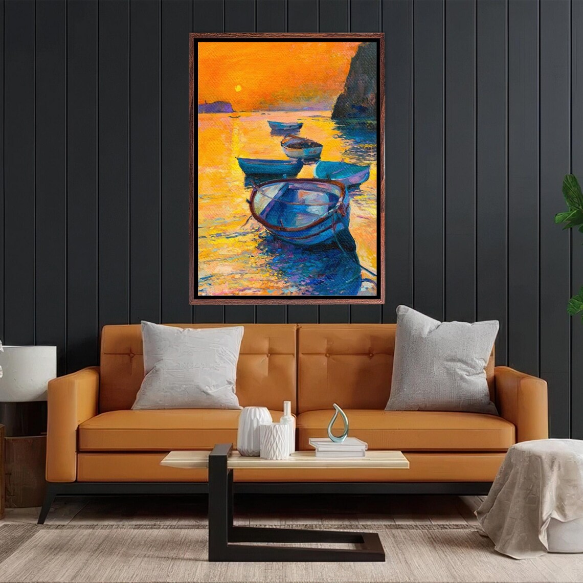 Fishing Boats On Shore At Golden Sunset By The Sea Oil Painting Poster - Image 2