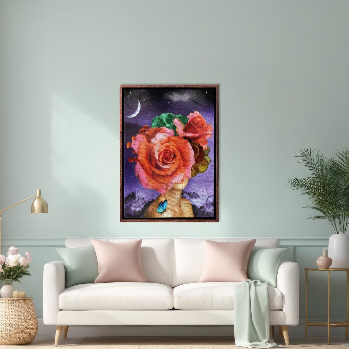 Surreal Rose Headed Woman Under Crescent Moon Night Sky Poster