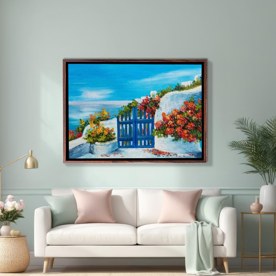 Blue Wooden Gate In Whitewashed Garden Wall Overlooking The Sea Poster