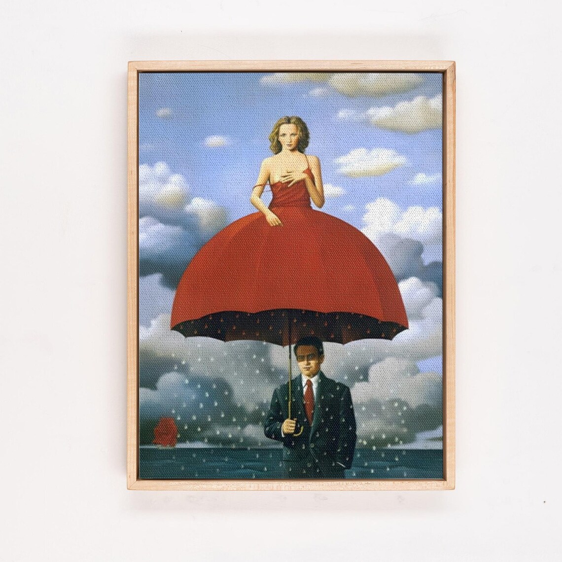 Woman in Red Dress Under Giant Umbrella Surreal Painting Poster - Image 4