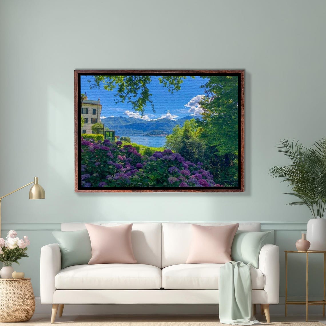 Lake Como Villa With Hydrangeas Mountain View Scenic Art Poster