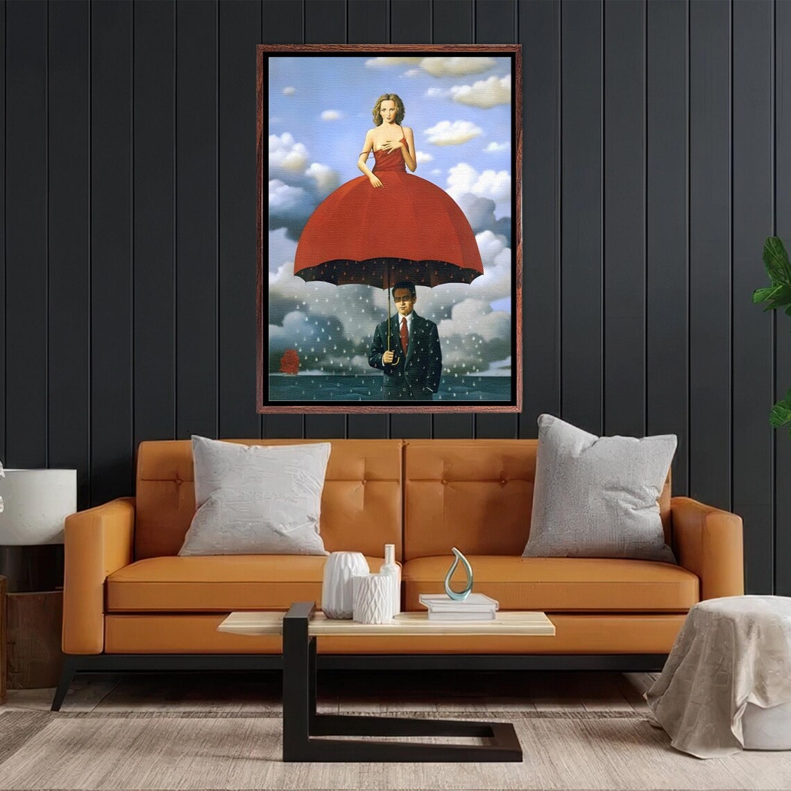 Woman in Red Dress Under Giant Umbrella Surreal Painting Poster - Image 2