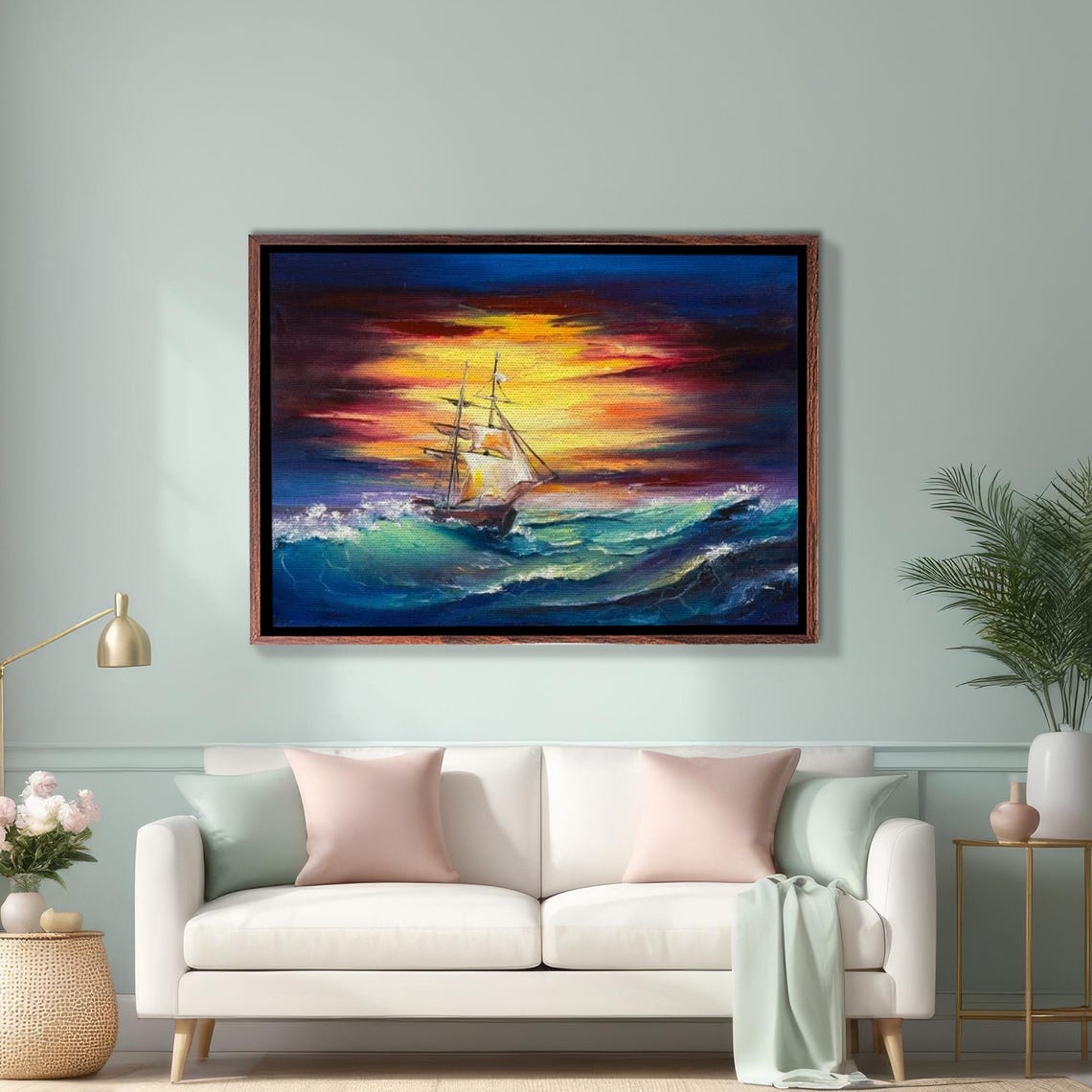 Old Sailing Ship Battling Stormy Ocean Waves at Sunset Poster