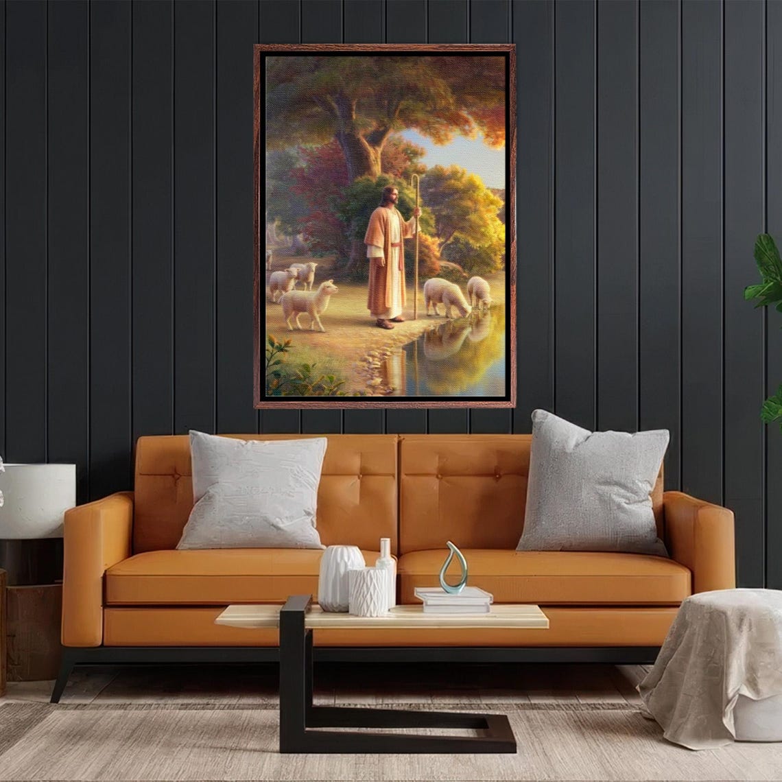 Jesus Christ the Good Shepherd Watching Lambs Lakeside Poster - Image 2