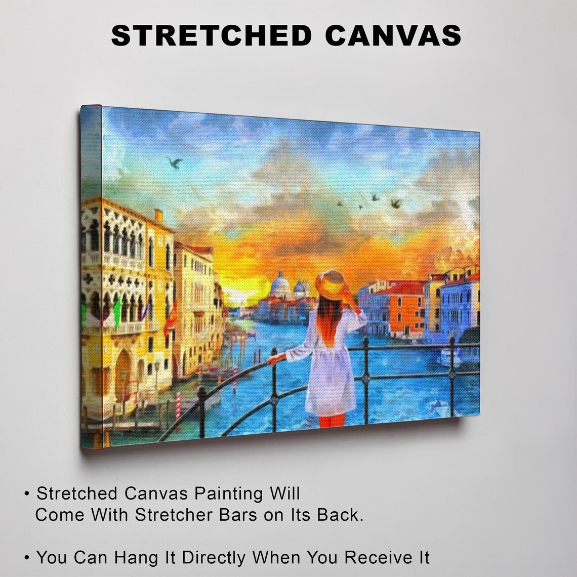 Girl in White Dress Watching Venice Grand Canal Sunset Art Poster - Image 3