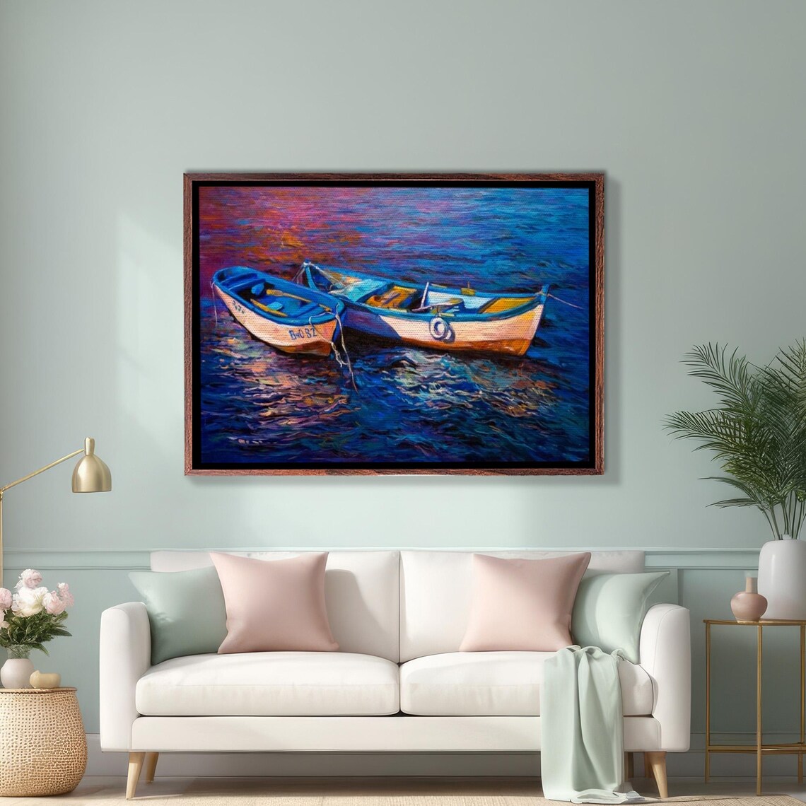 Two Fishing Boats On Shimmering Blue Sea Sunset Painting Poster