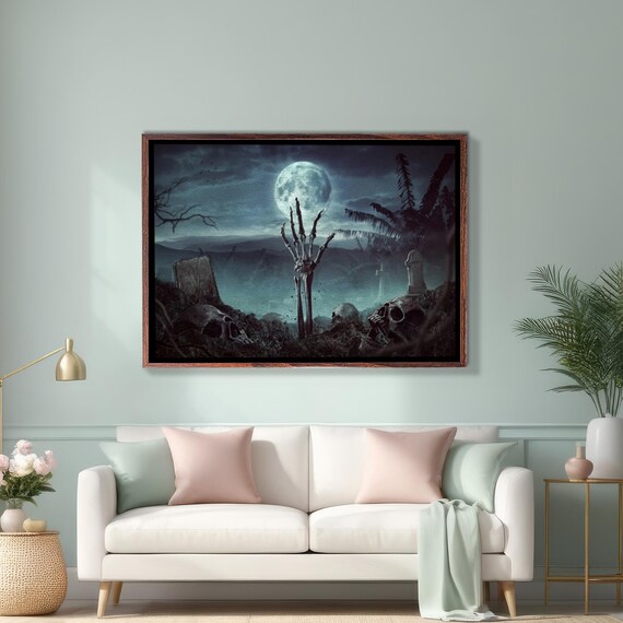 Skeleton Hand Emerging From Grave At Night Horror Halloween Poster