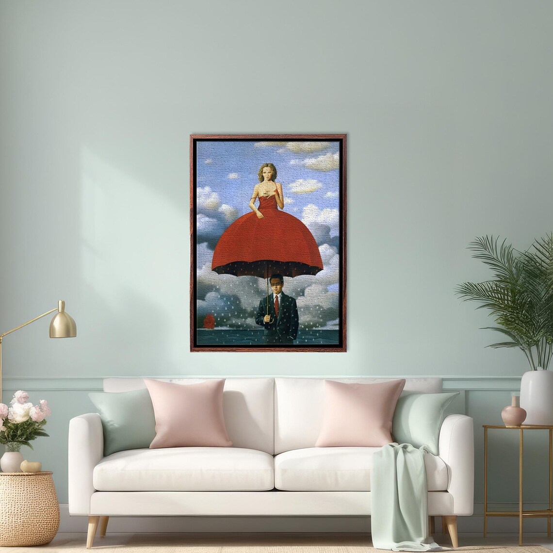 Woman in Red Dress Under Giant Umbrella Surreal Painting Poster