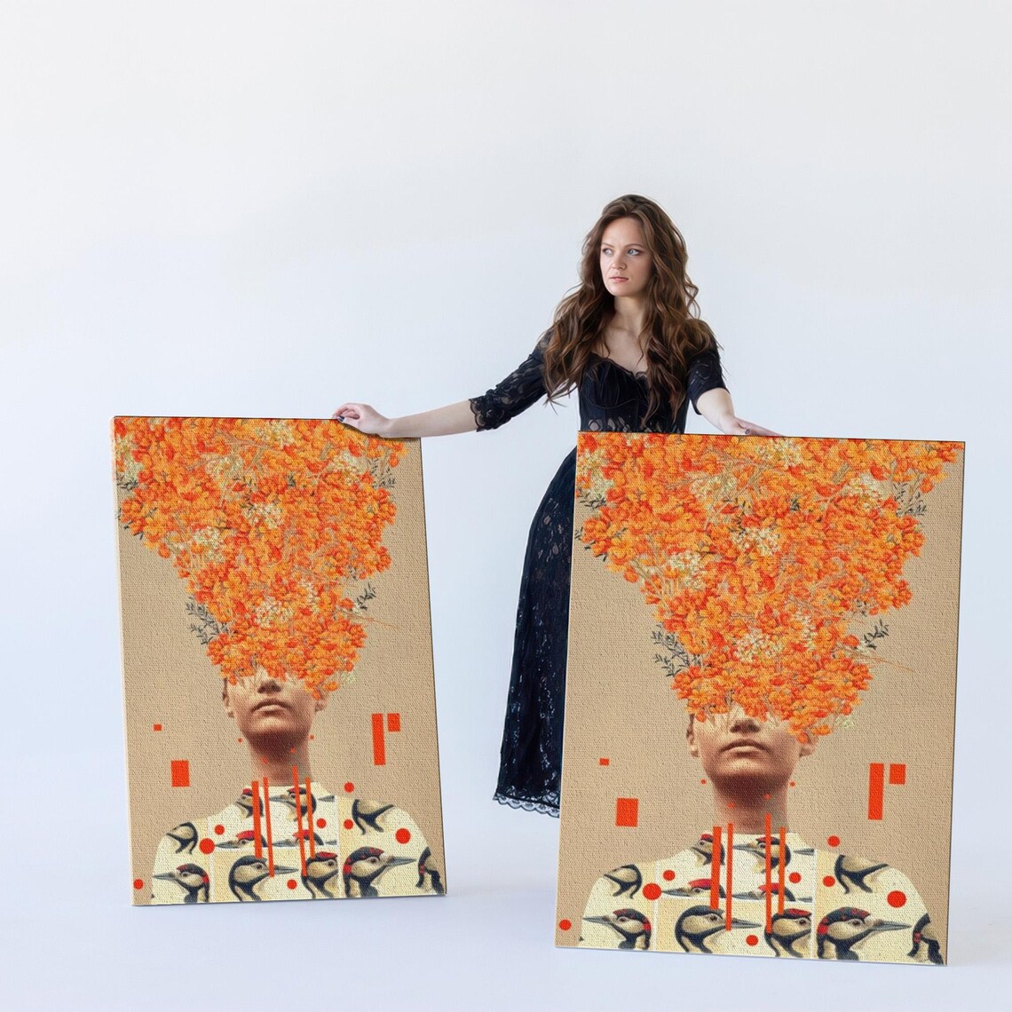 Surreal Woman Portrait With Orange Flower Head And Birds Poster - Image 5