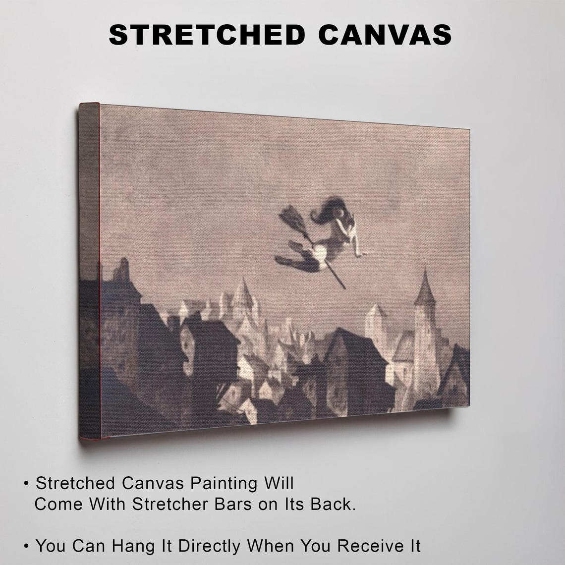 Lonely Witch Flying on Broomstick Over Old Town Vintage Art Poster - Image 3