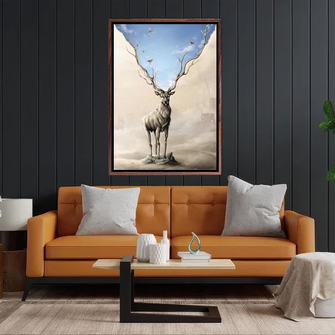 Surreal Deer with Antlers Dissolving into Birds and Blue Sky Poster - Image 2