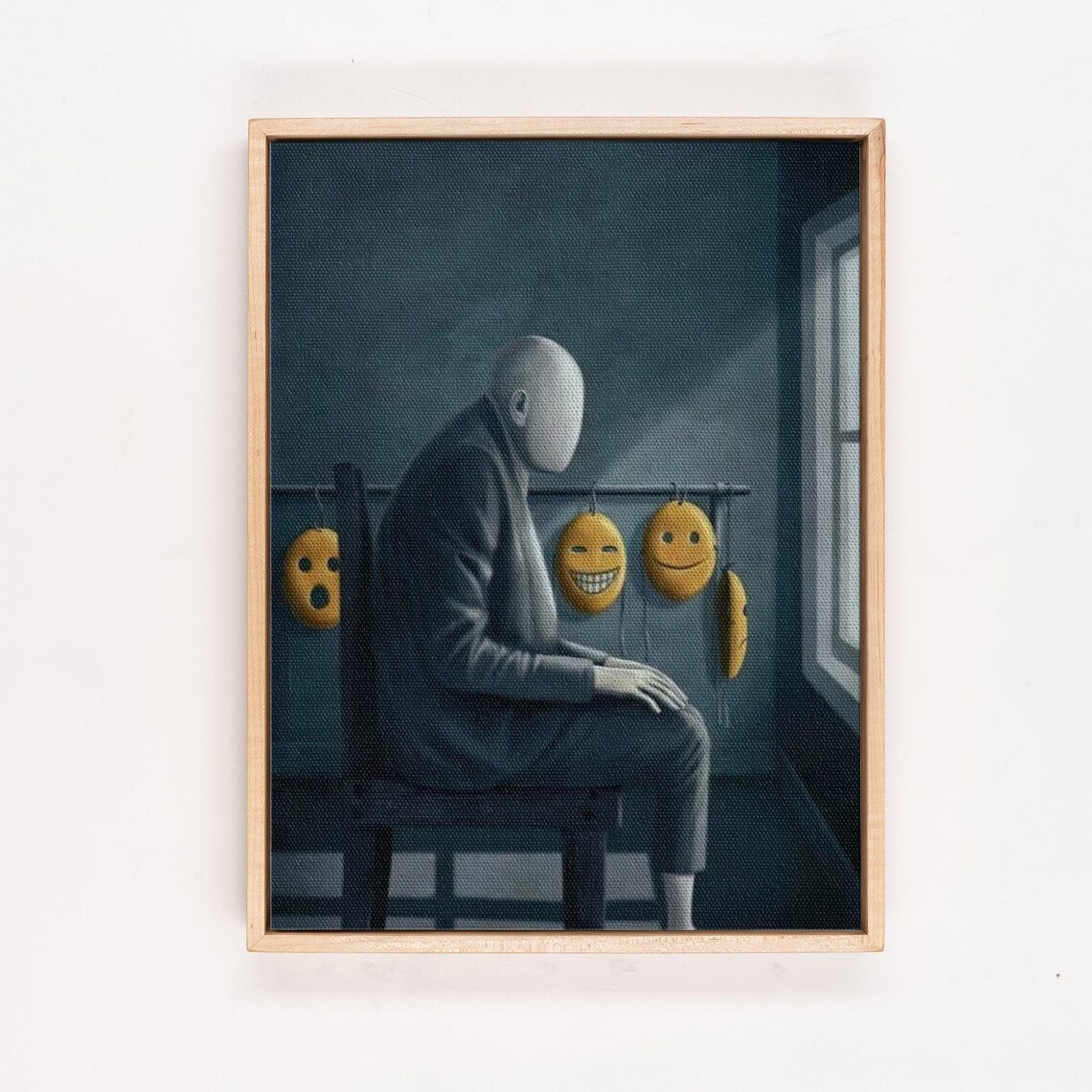 Faceless Man With Emoji Smile Masks Surreal Psychology Art Poster - Image 4