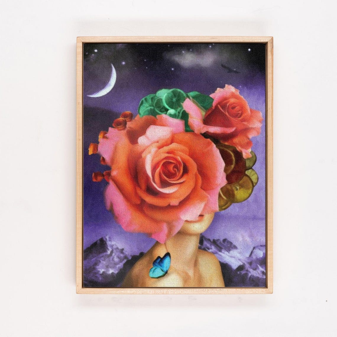 Surreal Rose Headed Woman Under Crescent Moon Night Sky Poster - Image 4