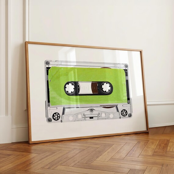 Neon Green Cassette Tape Retro Music Nostalgia Illustration Art Poster