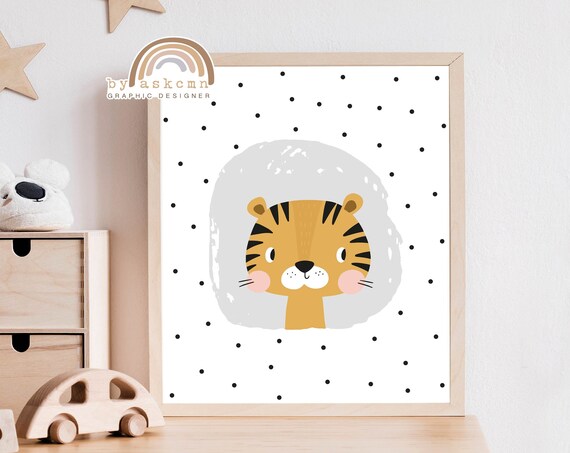 Baby Tiger Nursery Gray Circle Jungle Safari Kids Room Poster