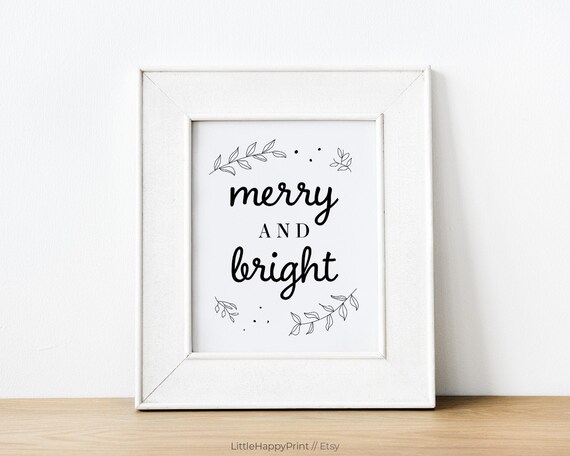 Merry And Bright Print Instant Download Holiday Home Decor Festive Minimal Simplistic Black And White Modern Typography Wall Art