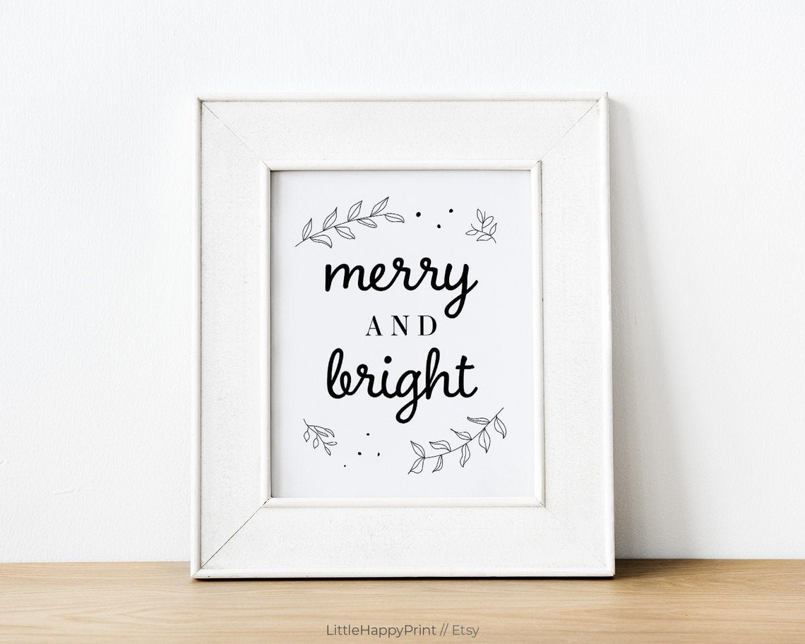 Merry and Bright Black and White Minimalist Christmas Wall Art