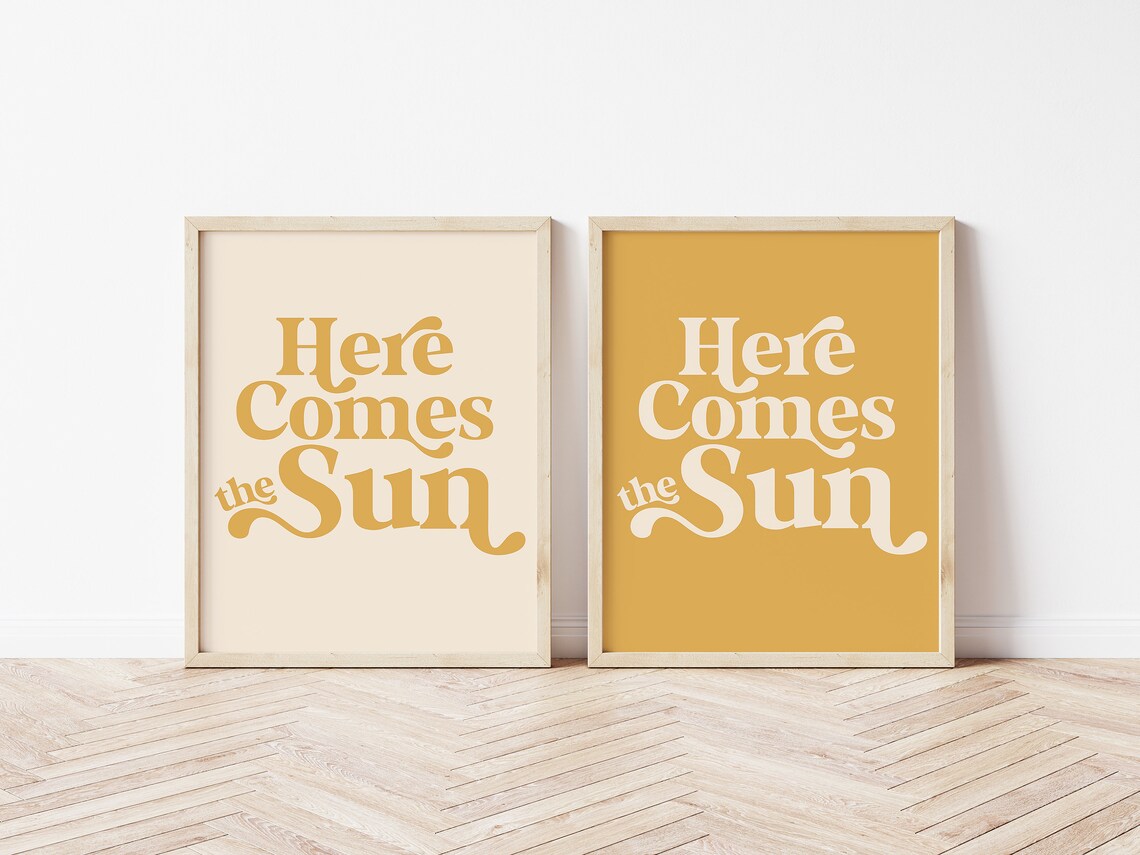 Here Comes The Sun Retro Typography Quote Print Gold Cream Wall Art - Image 3