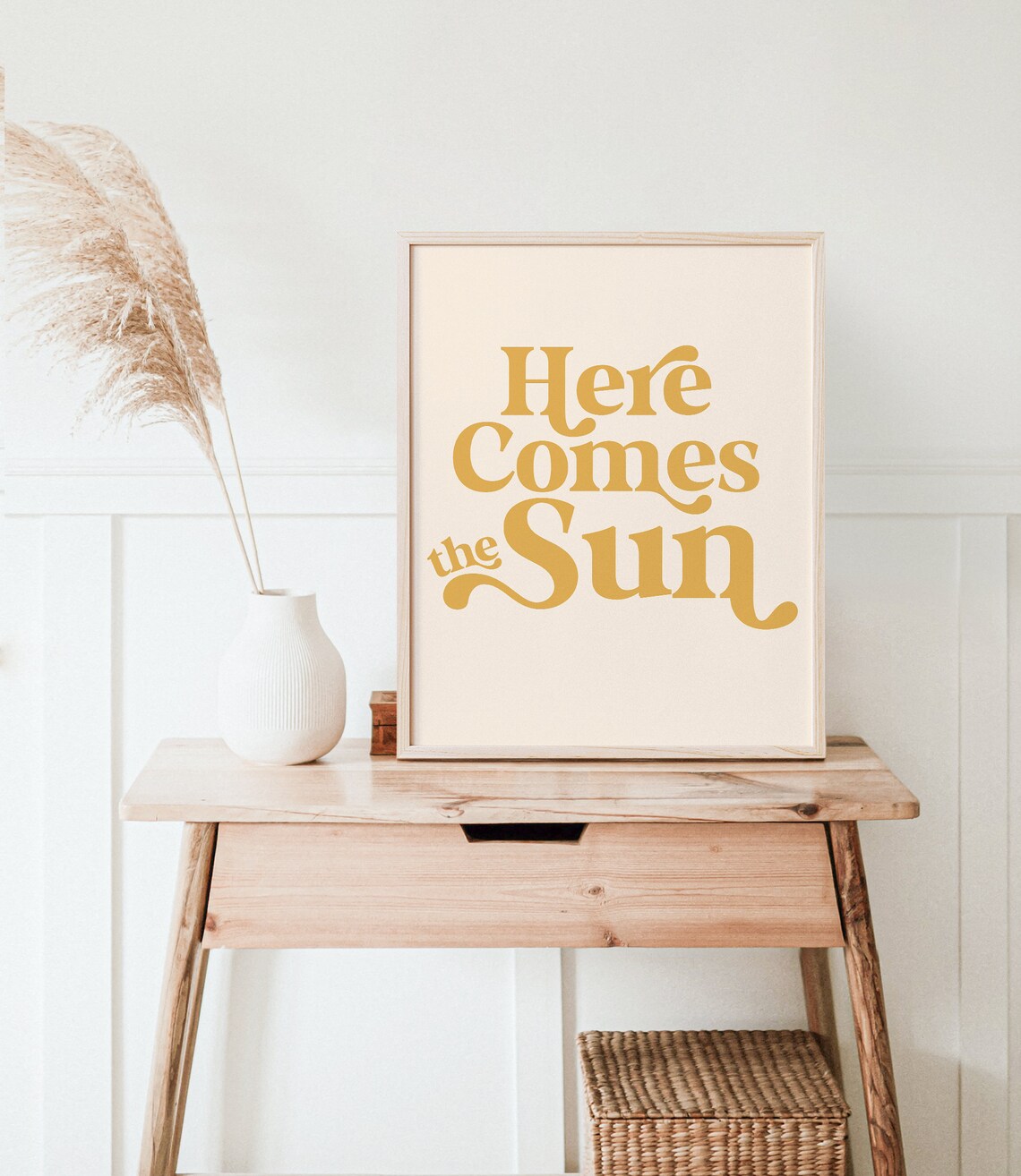 Here Comes The Sun Retro Typography Quote Print Gold Cream Wall Art - Image 5