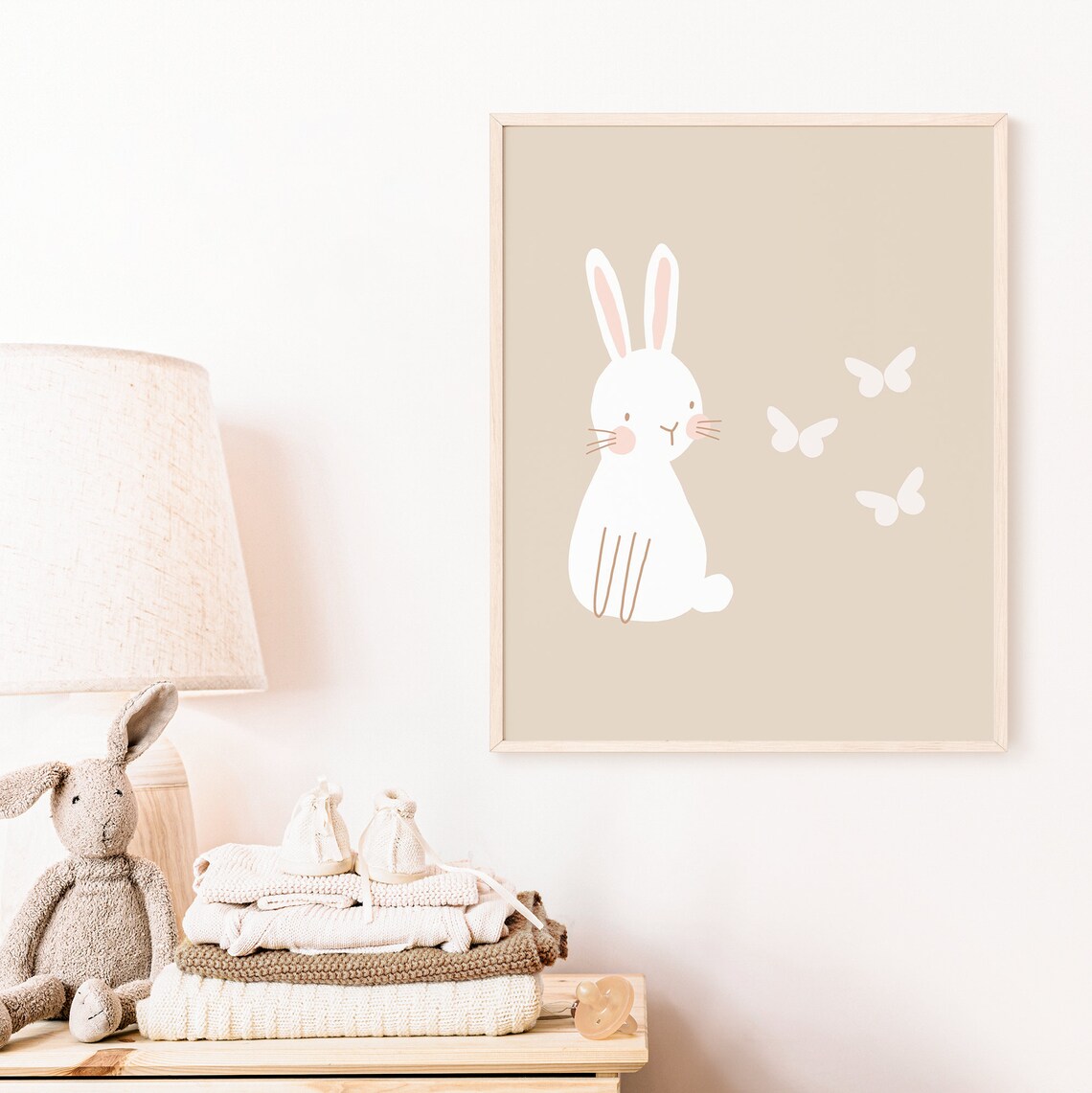 White Bunny Butterflies Minimal Nursery Wall Art Neutral Beige Print - Image 3