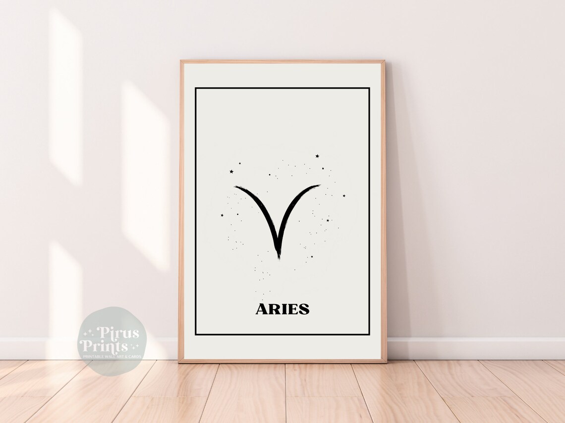 Aries Ram Horns Zodiac Sign Minimal Black White Starry Wall Art - Image 3