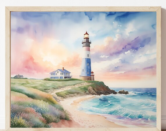 Coastal Lighthouse Cliff Sunset Watercolor Seascape Art Poster