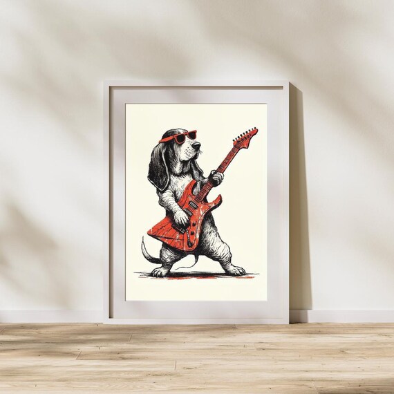 Basset Hound Rock Star Red Electric Guitar Sunglasses Poster