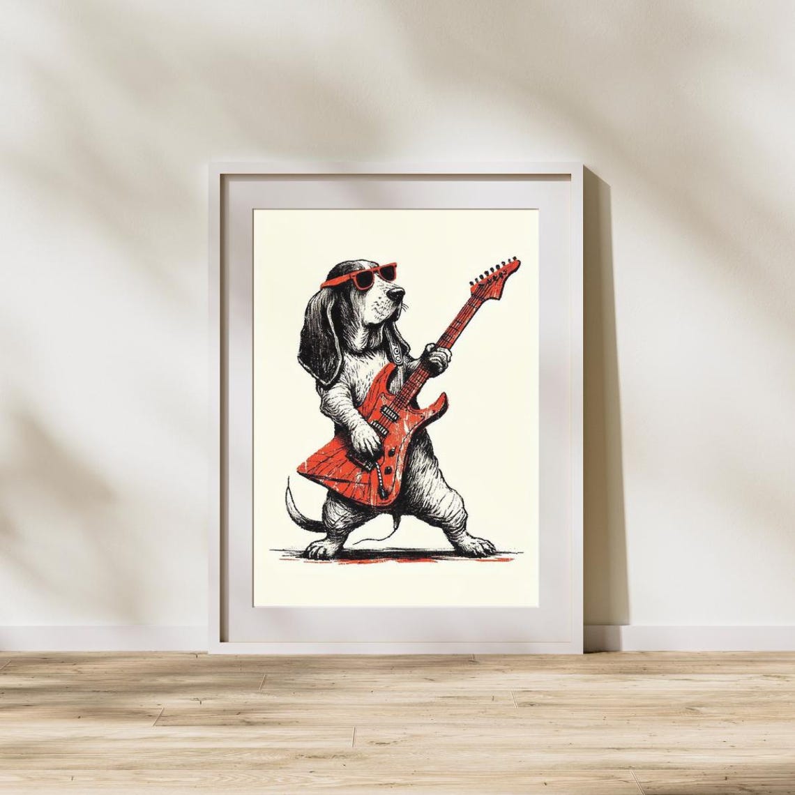 Basset Hound Rock Star Red Electric Guitar Sunglasses Poster