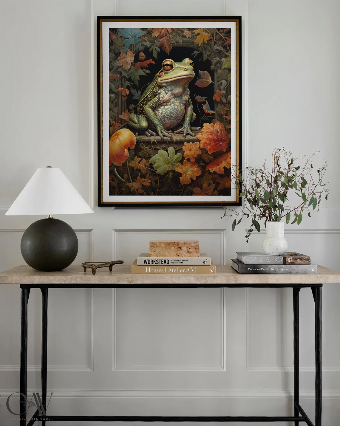 Green Frog On Carved Ledge In Autumn Leaf Frame Vintage Poster - Image 3