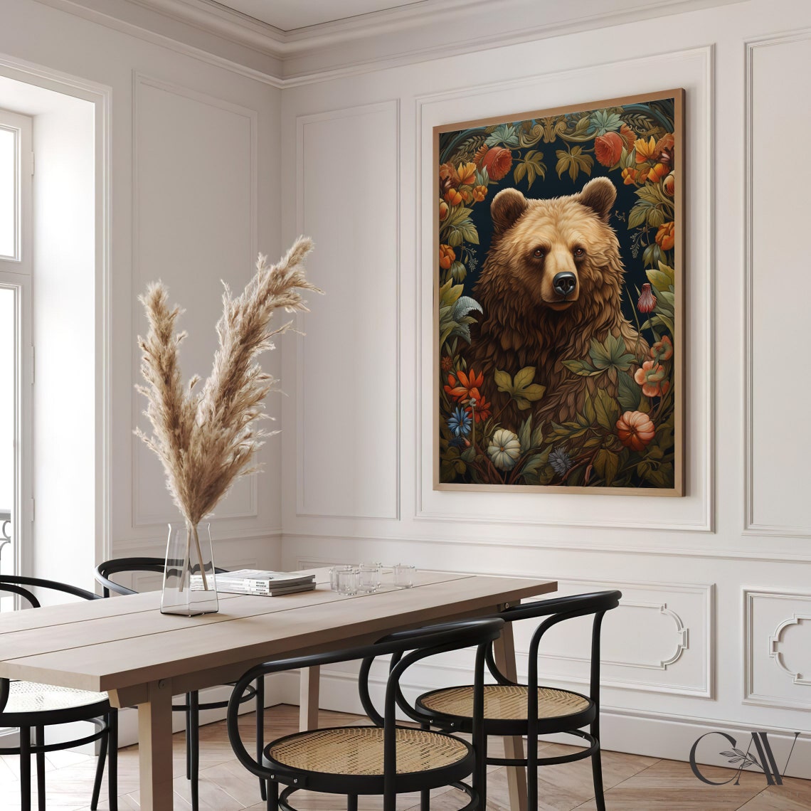 Brown Bear Portrait Framed by Autumn Flowers on Navy Art Print - Image 2