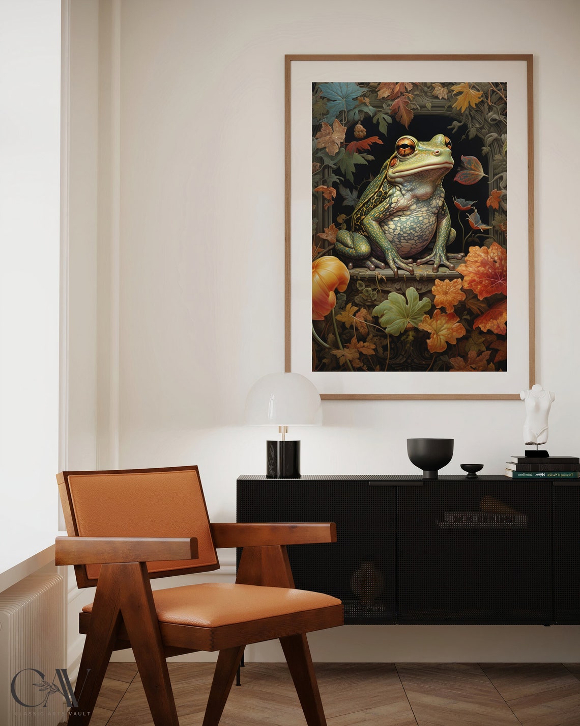 Green Frog On Carved Ledge In Autumn Leaf Frame Vintage Poster - Image 5