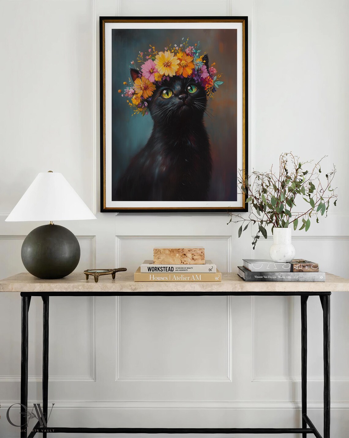 Black Cat Flower Crown Colorful Oil Painting Pet Portrait Wall Art - Image 3