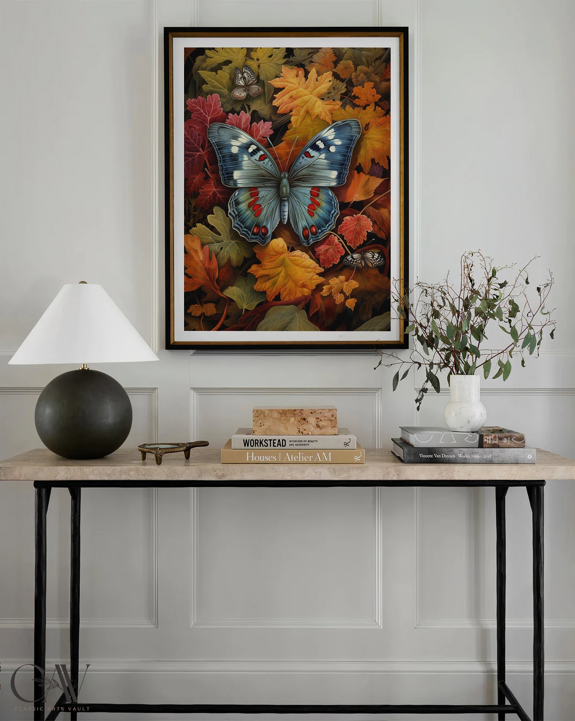 Blue Butterfly Autumn Leaves Vintage Botanical Fall Art Poster - Image 4