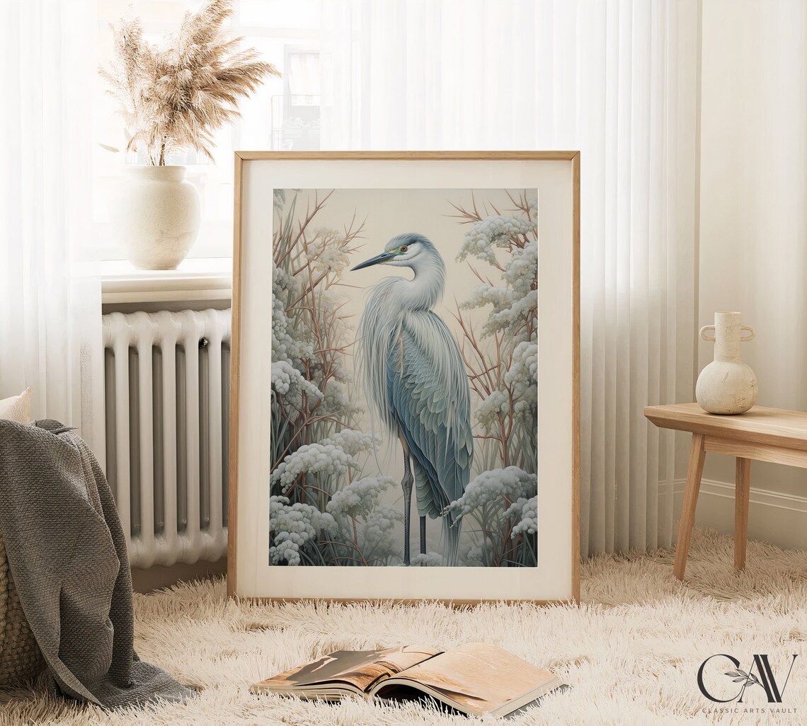 William Morris-Inspired Crane Bird Winter Art Print - Image 2