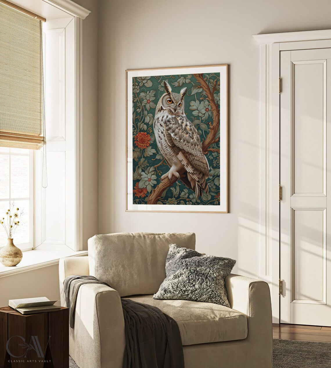 Moody Great Horned Owl Perched In Dark Green Floral Forest Poster - Image 3