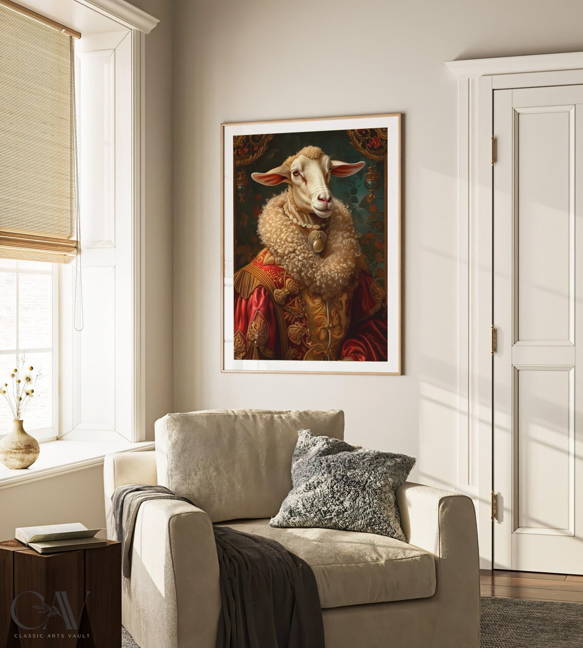 Sheep Royal Renaissance Portrait Red Brocade Pearl Animal Wall Art - Image 2